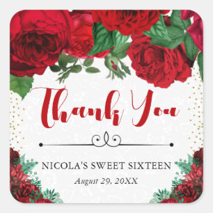 Sticker Carré Roses Glam Rouge Aquarelle Sweet 16