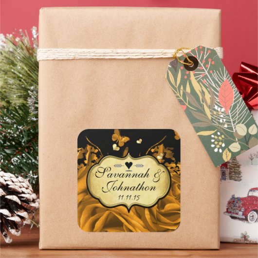 Sticker Carré Roses Gold Heart & Papillons Mariage Seal (vacances)