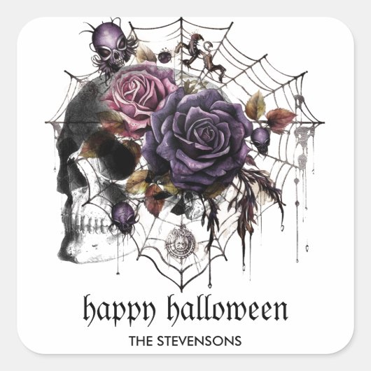 Sticker Carré Roses gothiques simples et crâne fête d'Halloween (Devant)