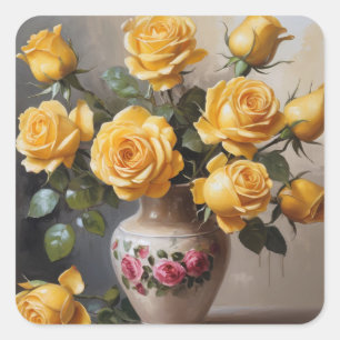 Sticker Carré Roses jaunes dans le vase