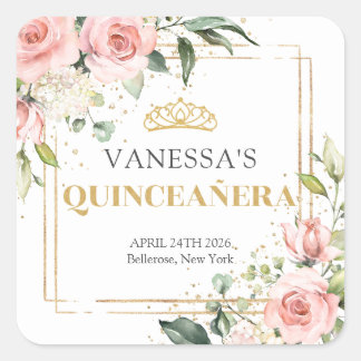 Sticker Carré Roses rose rousse rousse eucalyptus Quinceañera