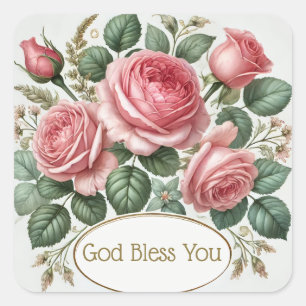 Sticker Carré Roses roses Dieu vous bénisse Religieux