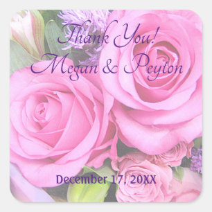 Sticker Carré Roses roses, remerciement de mariage DIY Noms & Da