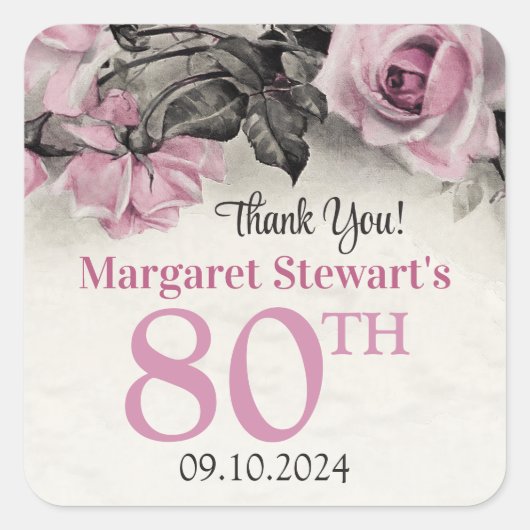 Sticker Carré Roses roses vintages 80e anniversaire Faveur (Devant)