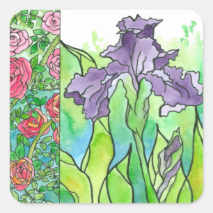 Sticker Carré Roses roses violettes Iris Aquarelle Fleurs