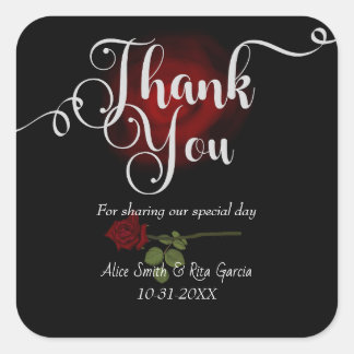 Sticker Carré Roses rouges gothiques et Merci Mariage noir