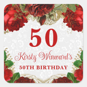 Sticker Carré Roses rouges romantiques et 50e anniversaire paill