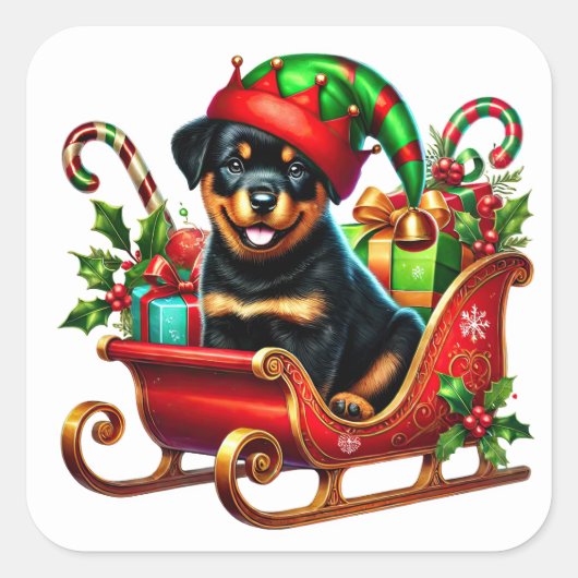 Sticker Carré Rottweiler dans le cadeau de Noël Sleigh (Devant)