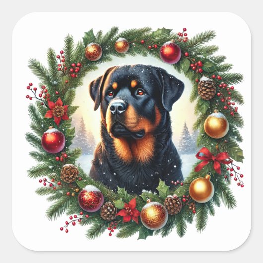 Sticker Carré Rottweiler de Noël en décoration festive (Devant)