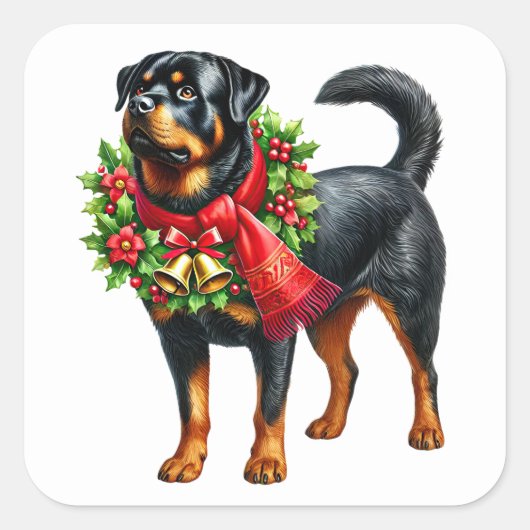 Sticker Carré Rottweiler en tenue de Noël (Devant)