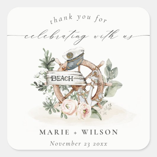 Sticker Carré Roue d'Ancre nautique rustique Mariage floral feui (Devant)