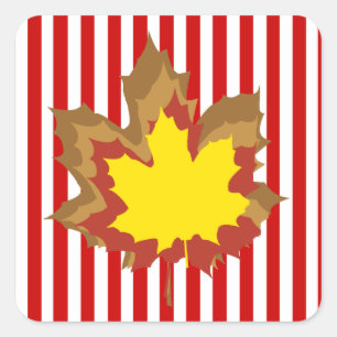 Sticker Carré Rouge à rayures automnales avec Feuilles