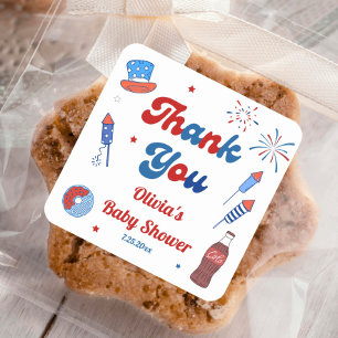 Sticker Carré Rouge, Blanc et Baby Shower Merci