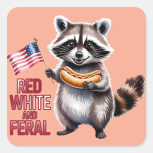 Sticker Carré Rouge Blanc Et Feral Et Raccoon Libre
