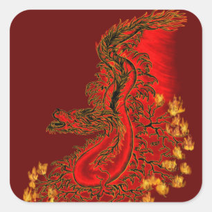 Sticker Carré Rouge de dragon de la Chine et conception d'or