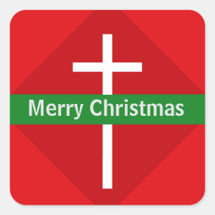Sticker Carré Rouge et blanc Joyeux Noël Croix chrétienne