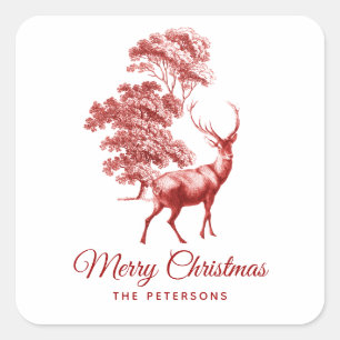 Sticker Carré Rouge français classique Cerf en toile en forêt