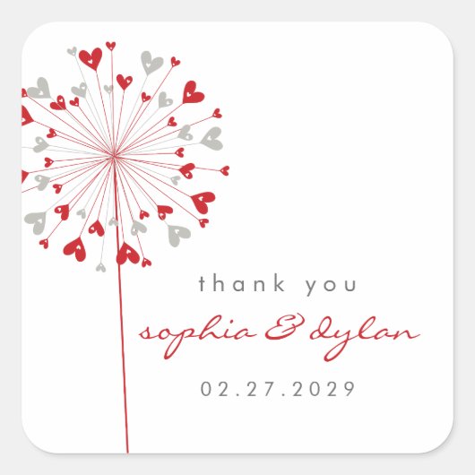 Sticker Carré Rouge & gris Dandelion Fleur Love Coeurs Mariage (Devant)
