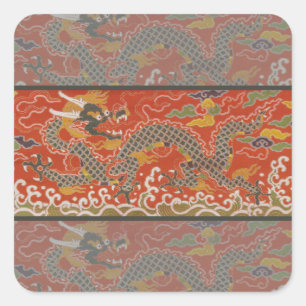 Sticker Carré Rouge Impérial & Motif de Soie de Dragon Noir