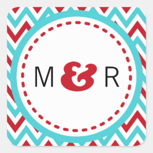 Sticker Carré Rouge moderne et Aqua Chevron & Lovebirds Mariage