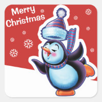 sticker carré rouge Noël Patinage de pingouin.