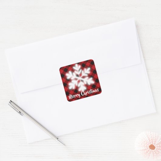 Sticker Carré Rouge rustique et noir plaid - flocons de neige (Enveloppe)