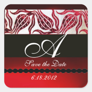 Sticker Carré ROUGE VELVET DAMASK TULIPS MONOGRAMME Bourgogne Bl