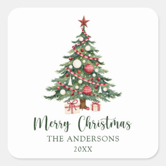 Sticker Carré Rouge Vert Arbre de Noël Chic Joyeux Noël
