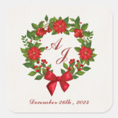 Sticker Carré Rouge vert Poinsettia Monogram mariage de Noël (Devant)