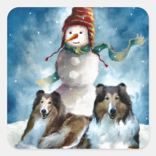 Sticker Carré Rough Collie avec Snowman Christmas (Devant)