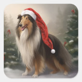 Sticker Carré Rough Collie Chien dans la neige Noël (Devant)