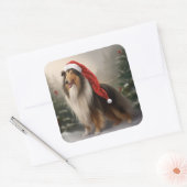 Sticker Carré Rough Collie Chien dans la neige Noël (Enveloppe)