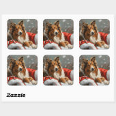 Sticker Carré Rough Collie Chien Festif de Noël (Feuille)
