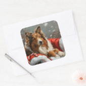 Sticker Carré Rough Collie Chien Festif de Noël (Enveloppe)