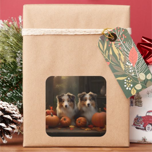 Sticker Carré Rough Collie Puppy Automne Citrouille de plaisir (vacances)