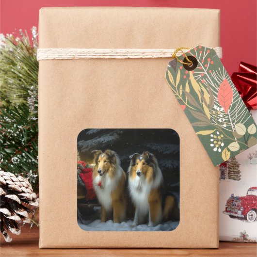 Sticker Carré Rough Collie Snowy Sleigh Décor de Noël (vacances)