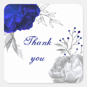 Sticker Carré royal bleu & argent fleurs blanc merci