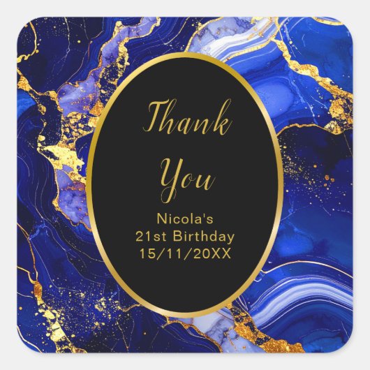 Sticker Carré Royal Blue and Gold Marble Agate Birthday Party (Devant)