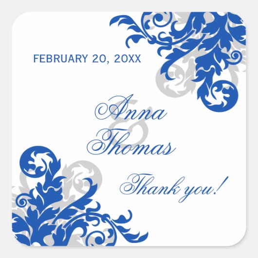 Sticker Carré Royal Blue Silver Flourish Wedding Favor Seals (Devant)