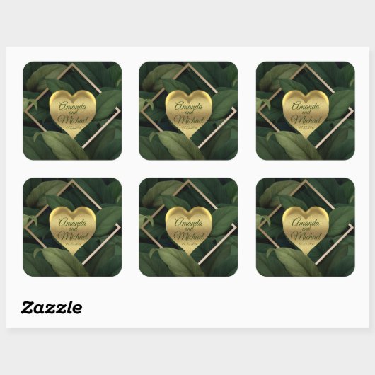 Sticker Carré Royal Dark Green Feuille Gold Frame Mariage (Feuille)