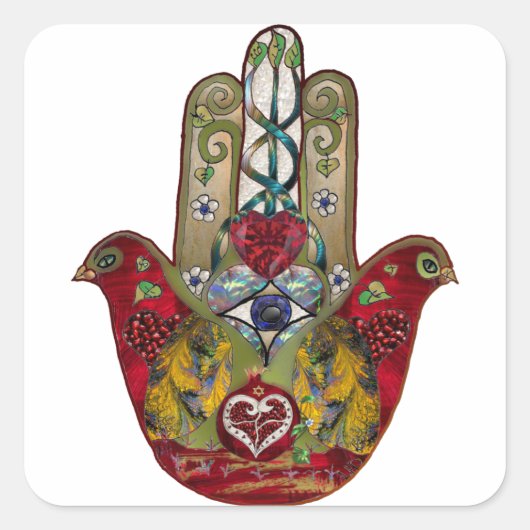 Sticker Carré Ruby Pomegranate Heart Red Bird Hamsa (Devant)