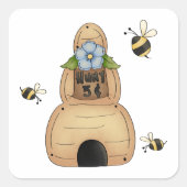 Sticker Carré Ruche d'abeilles avec fleur bleue et abeilles (Devant)