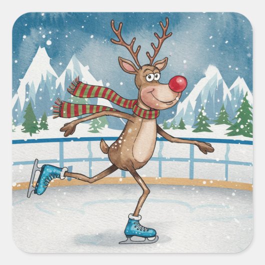 Sticker Carré Rudolph maigre sur glace Patins Noël (Devant)