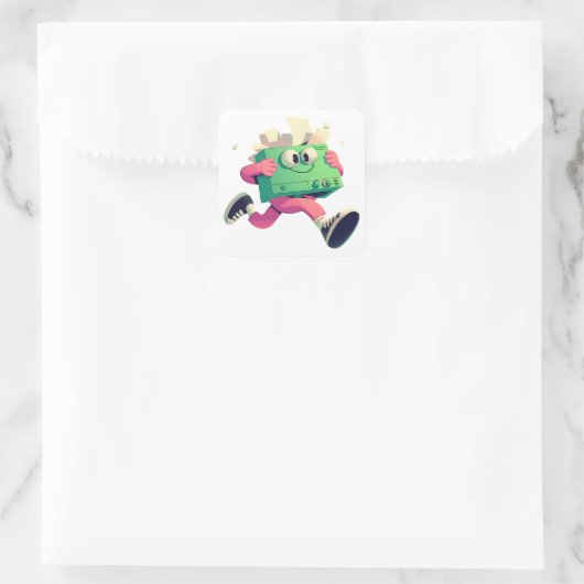 Sticker Carré Running Printer with Flying Papers – Tech Humor (Sac)