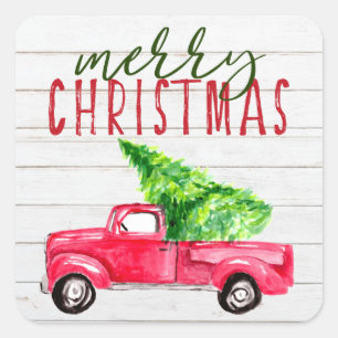Sticker Carré Russe Bois Joyeux Noël Camion Rouge Ferme