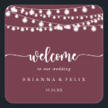 Sticker Carré Russe String Lights Burgundy Mariage Bienvenue<br><div class="desc">Cet autocollant rustique à cordes allume mariage de bienvenue bordeaux est parfait pour un mariage classique. Le design est orné de superbes lampes à cordes peintes à la main dans un arrière - plan bordeaux. Ces étiquettes sont parfaits pour les sacs de bienvenue et les mariages de destination des clients...</div>
