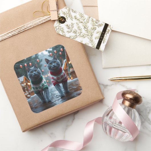 Sticker Carré Russian Blue Cats Christmas Snow Holiday  (Cadeaux)