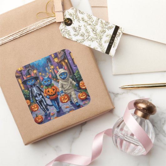 Sticker Carré Russian Blue Cats in Halloween Costumes (Cadeaux)