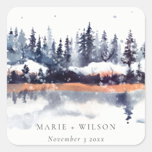 Sticker Carré Rust Navy Winter Pine Forest Mariage de neige
