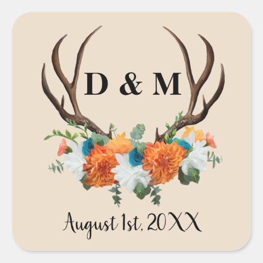 Sticker Carré Rustic Antler Floral Wedding Enregistrer la date (Devant)